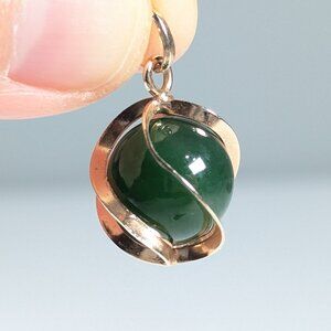 Vintage Minimalist gold tone cage & Jade pearl / ball pendant charm